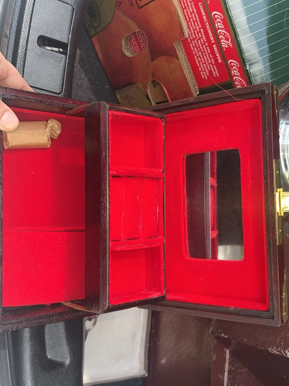 Vintage Red Wood Jewelry Box with Brass & Jade Accents